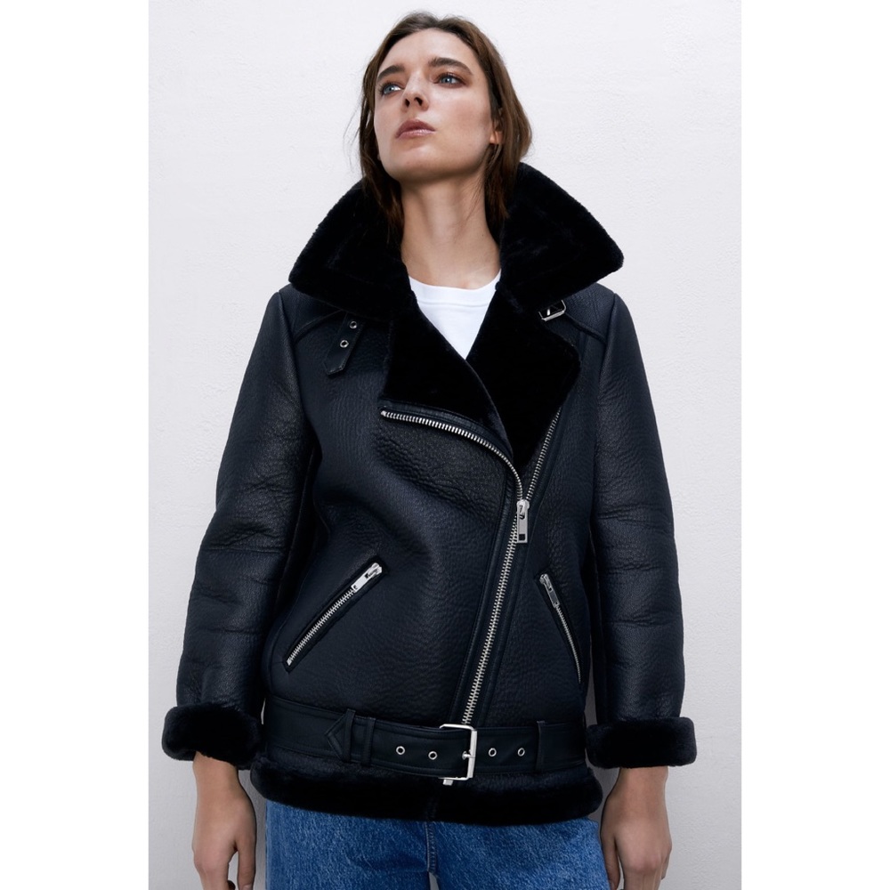 Zara Double-Faced Faux Shearling Black Biker Jacket Large